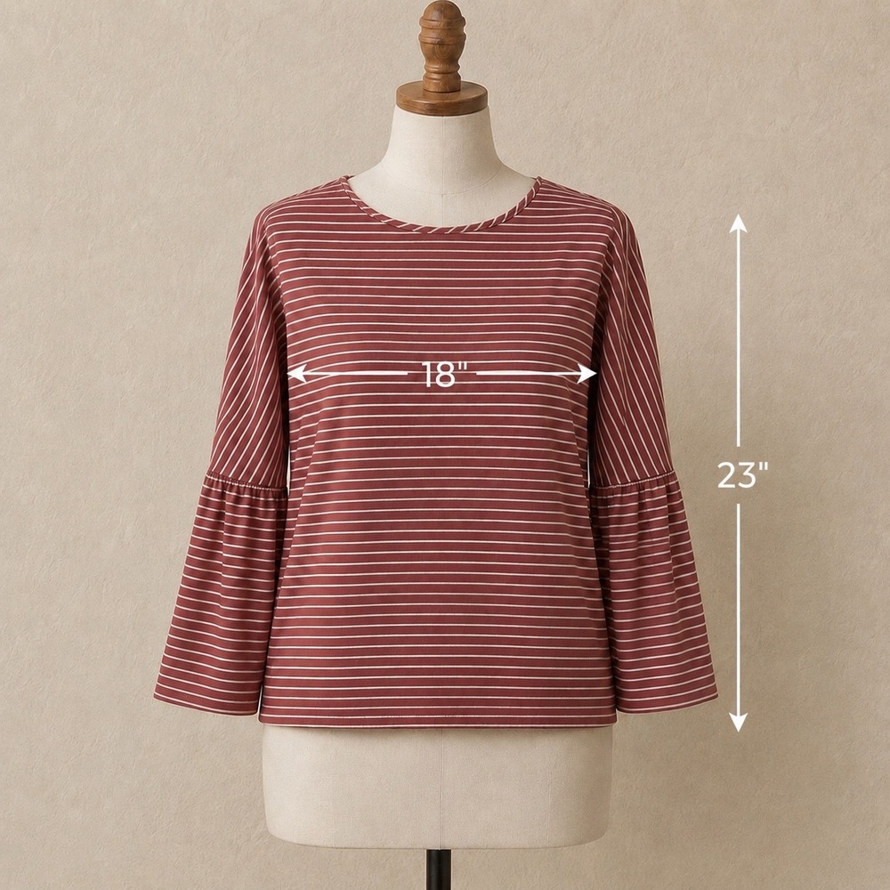 LC Lauren Conrad Striped Bell Sleeve Top Mauve Pink Boho Keyhole Ruffle Shirt S - Picture 5 of 7